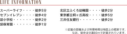 スーパーライフ徒歩5分 セブンイレブン徒歩4分 袋小学校徒歩2分 袋保育園徒歩1分 北区立ふくろ幼稚園徒歩2分 東京都立桐ヶ丘高校徒歩5分 三井住友銀行・・徒歩2分